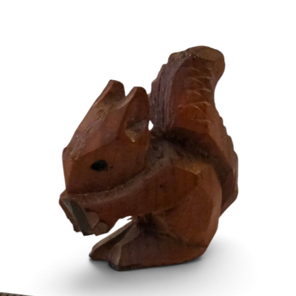 Vintage Miniature Hand Carved Wood Squirrel Figurine Folk Art Tiny Animal